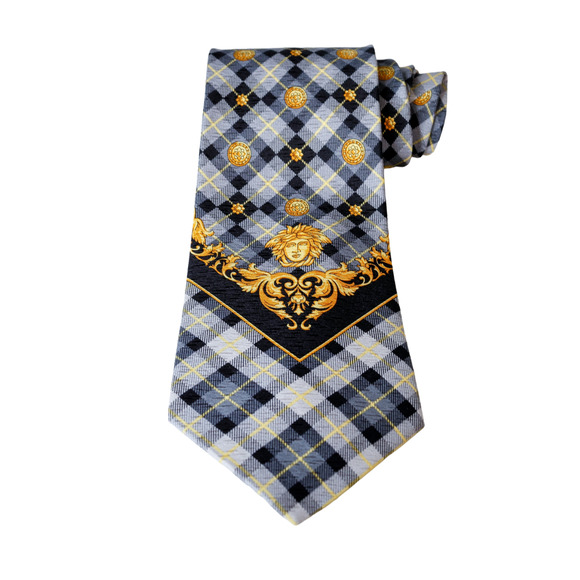 VTG VERSACE Barocco Medusa Argyle Plaid Silk Tie Old Money Luxury Wedding Preppy